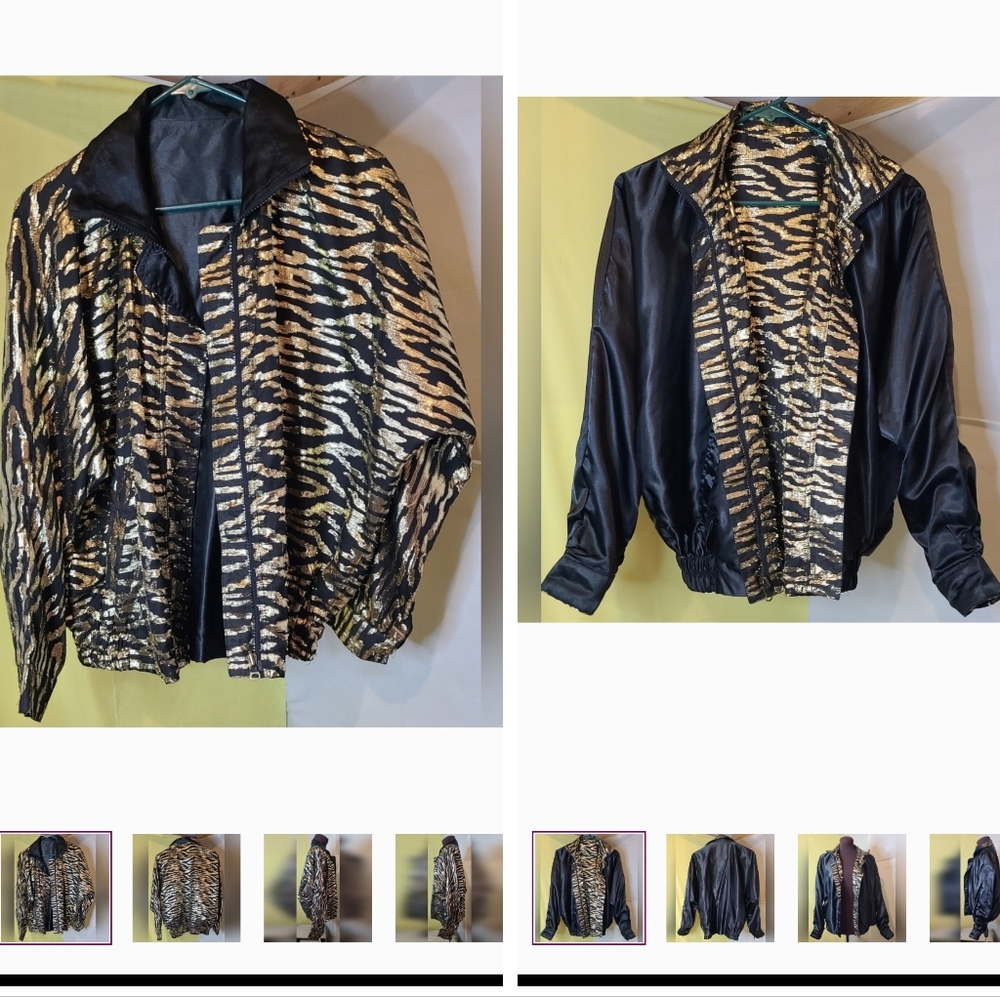 Exquisite VTG 2 Way Reversible Black Satin Finish/Animal Print. Sz Large EUC